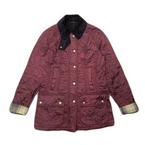 Barbour Quilted Utility Jacket in Burgundy with Black Cord Collar